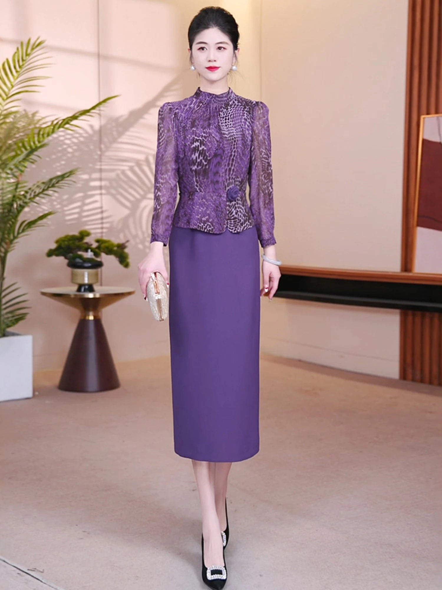 

Элегантное фиолетовое вечернее платье миди с длинным рукавом, имитация двух частей, женское, приталенное, класса люкс, для ранней весны, с воротником-стойкой