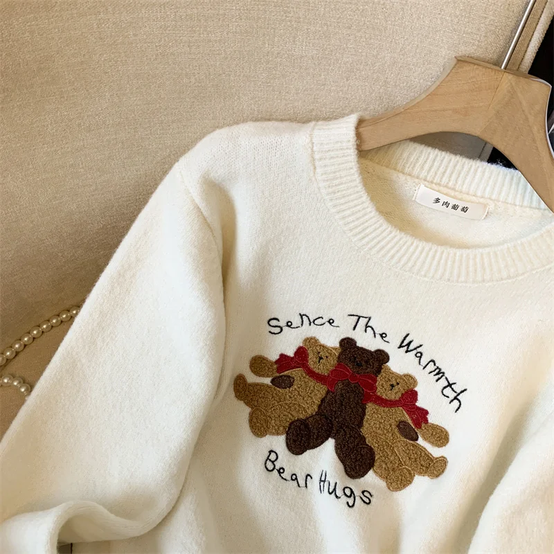 ผู้หญิงการ์ตูนหมีปักเสื้อกันหนาวTop Y2k 90Sเกาหลีฤดูใบไม้ร่วงและฤดูหนาวสบายๆหลวมหนารอบคอแขนยาวเสื้อยืด