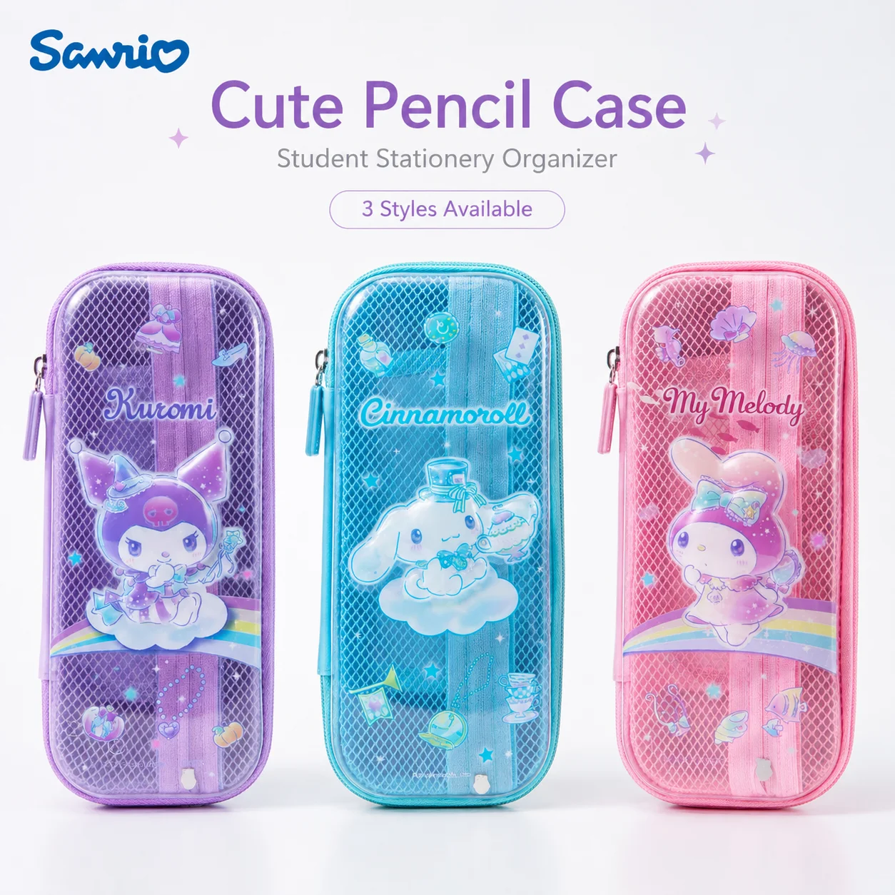 Sanrio Cinnamoroll Schreibwaren-Tasche, großes Fassungsvermögen, transparentes Federmäppchen, für den Schulanfang, niedliches Schreibwaren-Etui, mehrschichtig, geteilt