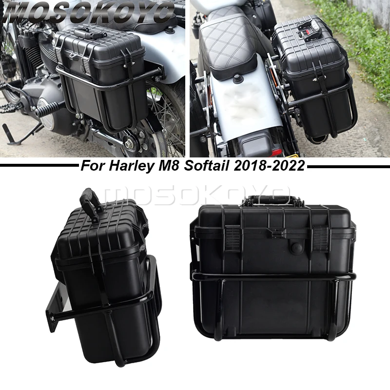 For Harley M8 Softail Tool Box ABS Plastic Storage Toolbox Tool Case Outdoor Suitcase W/ Side Rail Guard Signal Light Taillight