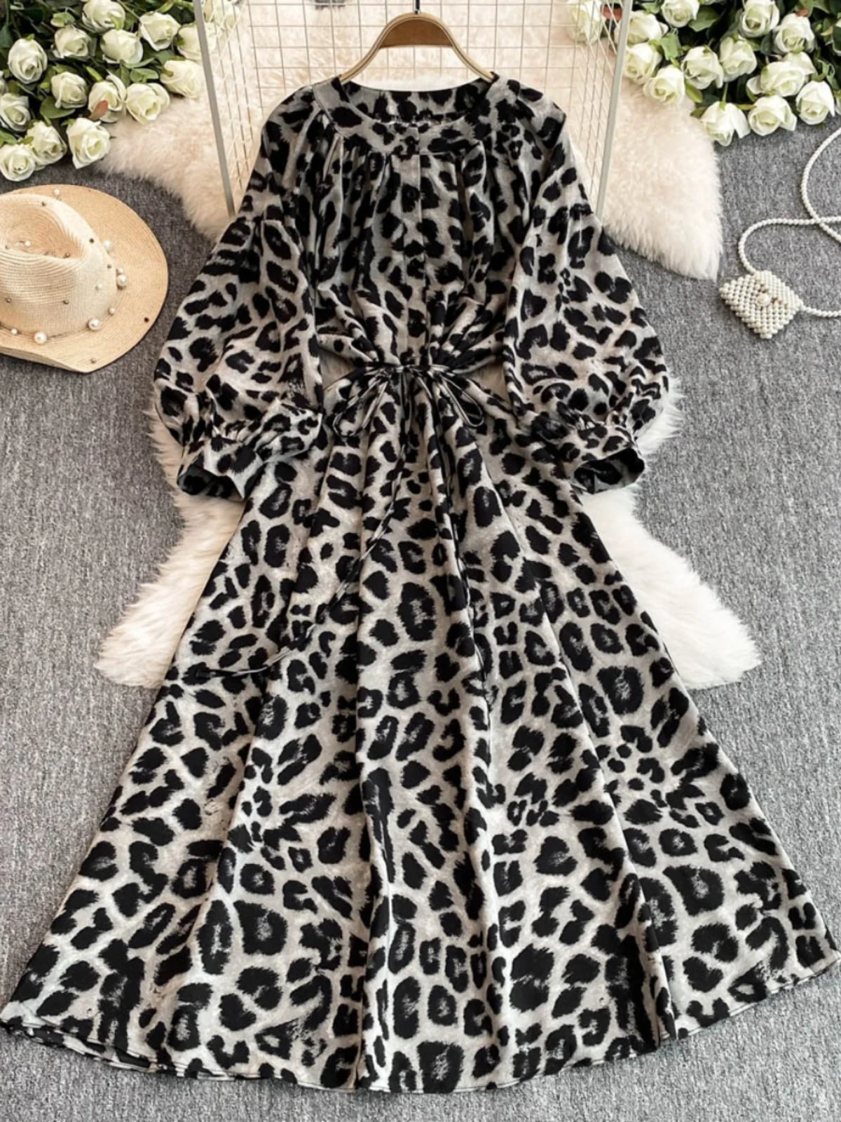 Faionable ronde Ne Lantern Sve Dr losse taille cinched hoge taille print A-lijn rok Koreaanse Sle herfstkleding voor Yo...
