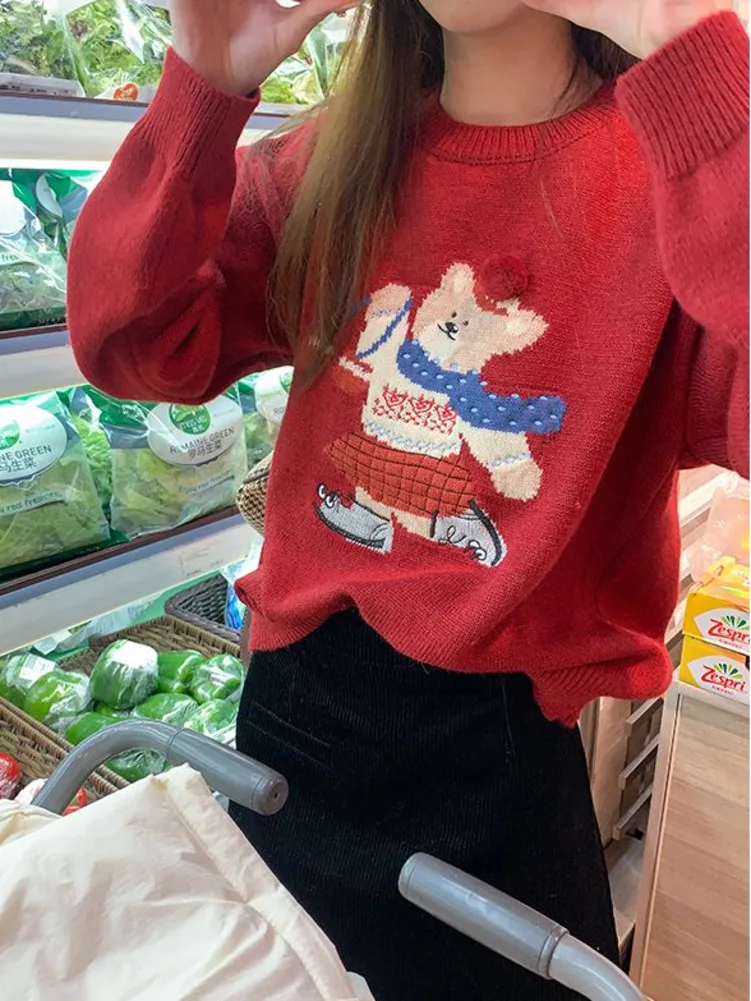 Cute Bear Embroidery Jacquard Xmas Sweater Women Spring Autumn Knit Pullover Loose Knitwears Cashmere High Quality Korean Jumper