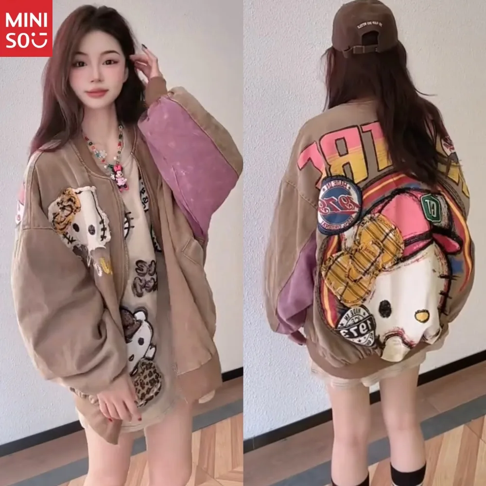 

Miniso Kitty Cat Sticker Embroidered Baseball Jersey Denim Jacket Women's 2025 Autumn Loose Versatile Color Jacket