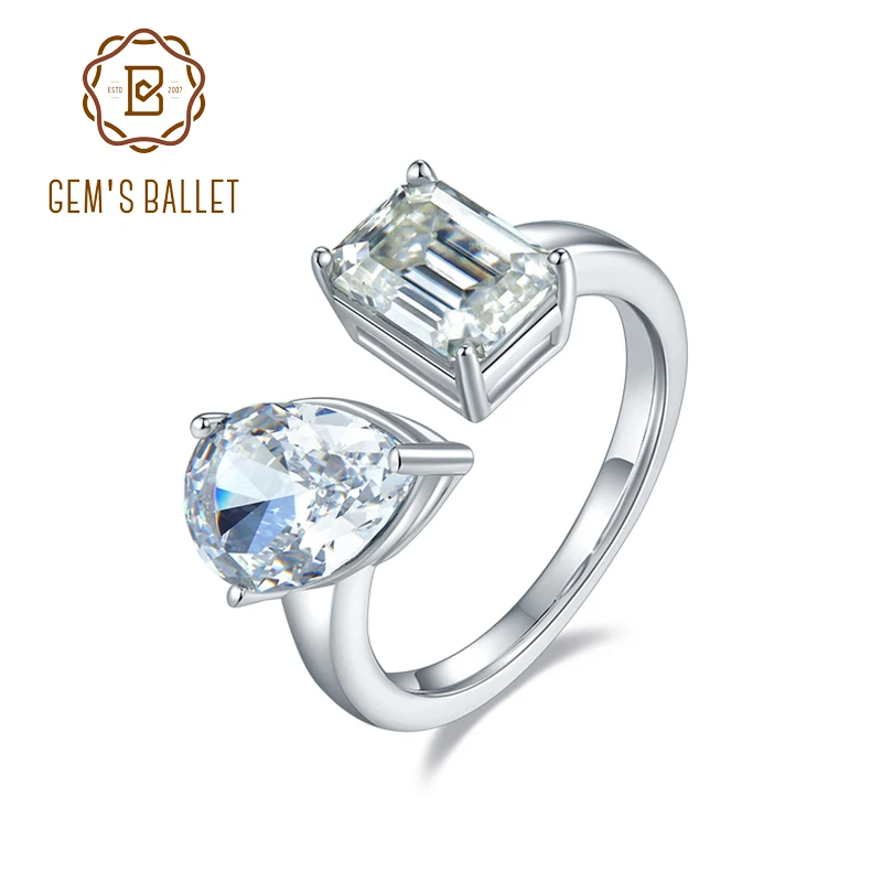 

GEM'S BALLET Toi Et Moi Engagement Ring Emerald Cut Moissanite With Pear Cut High Carbon Diamond Ring in 925 Sterling Silver