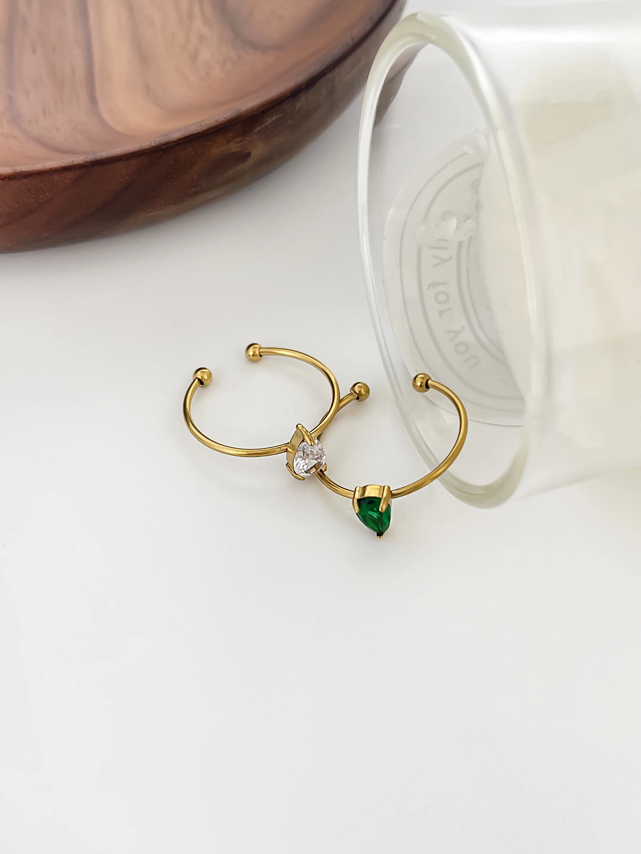 Peri\'sbox 2pcs Stainless Steel White and Green Water-drop Zircon Opening Thin Rings for Women Adjustable Trendy Wedding Jewelry
