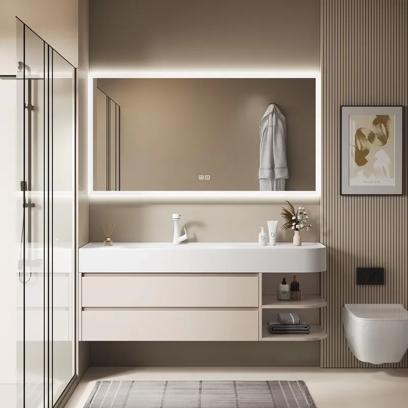 Neutral Wall-mounted Floating Bathroom Vanities, Multi-layer Storage Cabinet Furniture With Open Side Shelves &Smart Mirror
