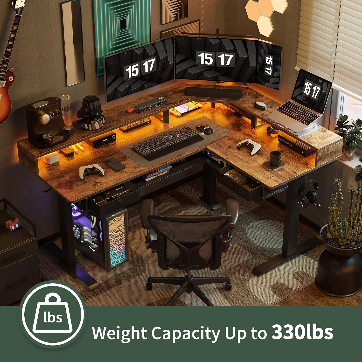 L Shaped Standing Desk LED & 2 Drawers, Storage Shelves, Electric Adjustable, Gaming Office, 63