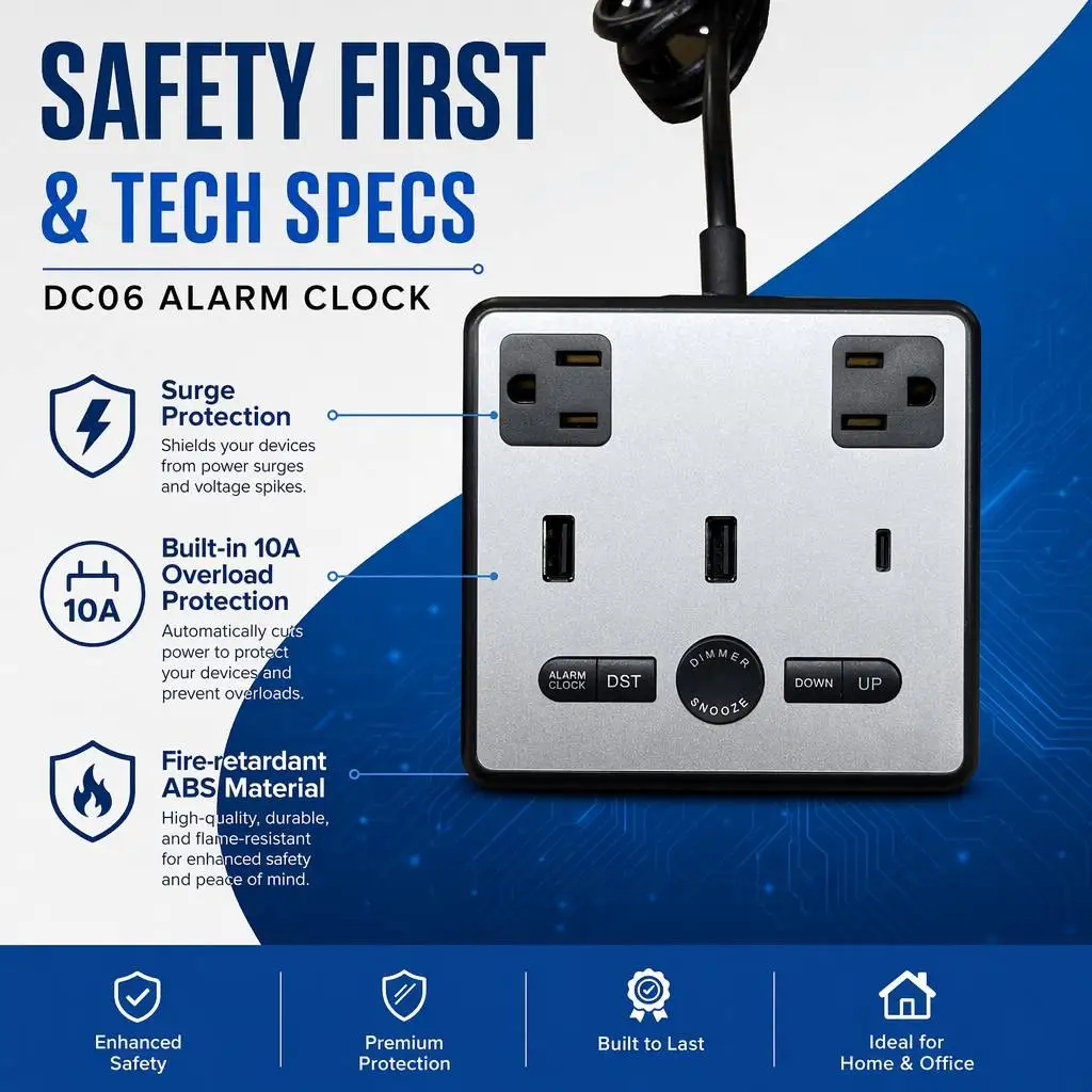 Smart Hotel Bedside Hub: Digital Alarm Clock with Surge Protected AC Outlets, Dual USB-A & PD Type-C Fast Charging Station