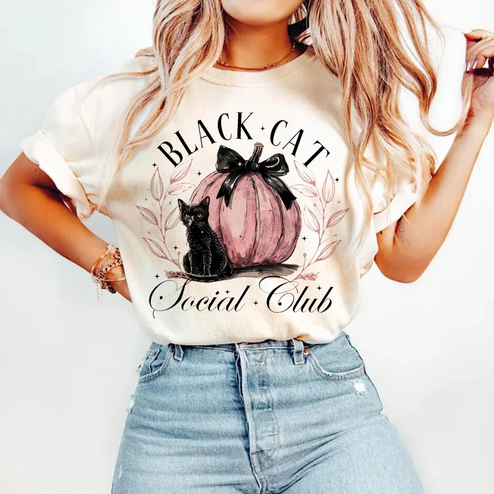 Coquette Black Cat Social Club Pumpkin Printed Pattern New Cute Top Basic Casual Style Versatile Sweet Halloween Fashion T-Shirt