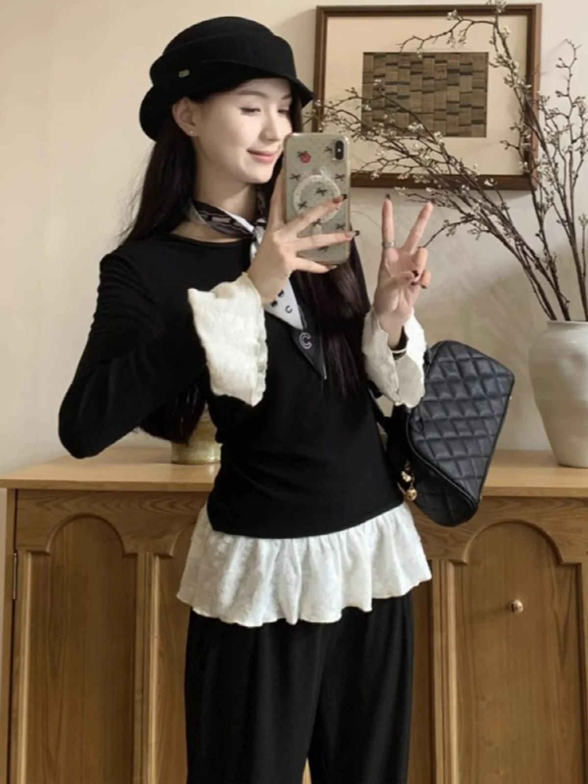 Camiseta larga de talla grande con empalme de encaje para mujer, diseño de cintura adelgazante, ropa interior informal Sle Faionable para otoño