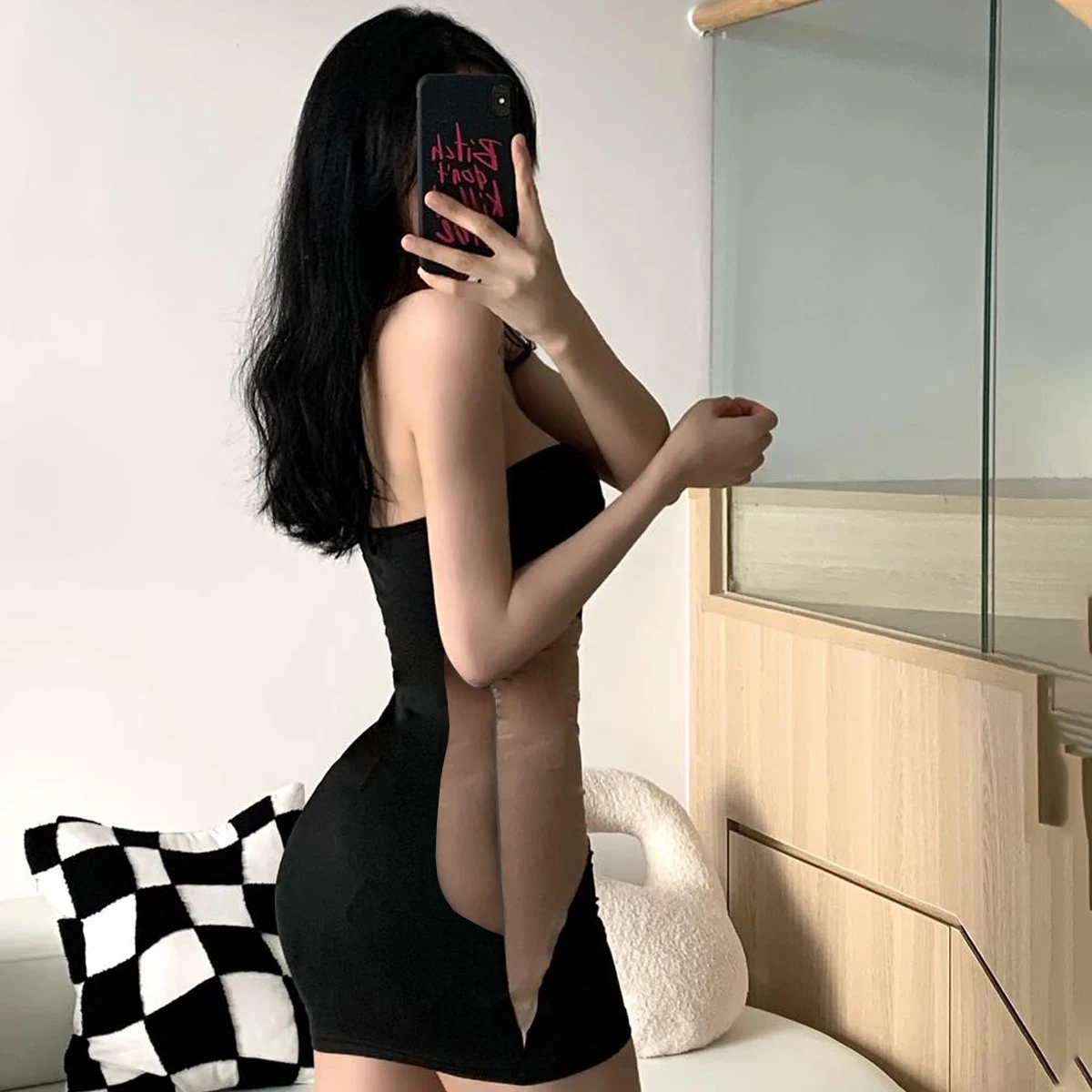 فستان أنيق مثير بدون حمالات شفاف لعام 2025 فستان على شكل الورك شبكي الربط لون اصطدام رغبة نقية فساتين ضيقة للحفلات والنوادي #6