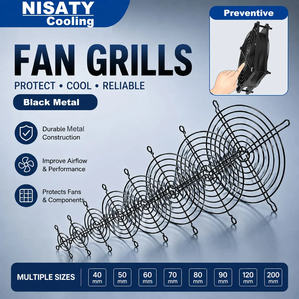 2PCS Metal Fan Grill Guard Black Steel Protective Mesh Cover for PC Cooling Fan Computer Case Server Cooling 40~200mm