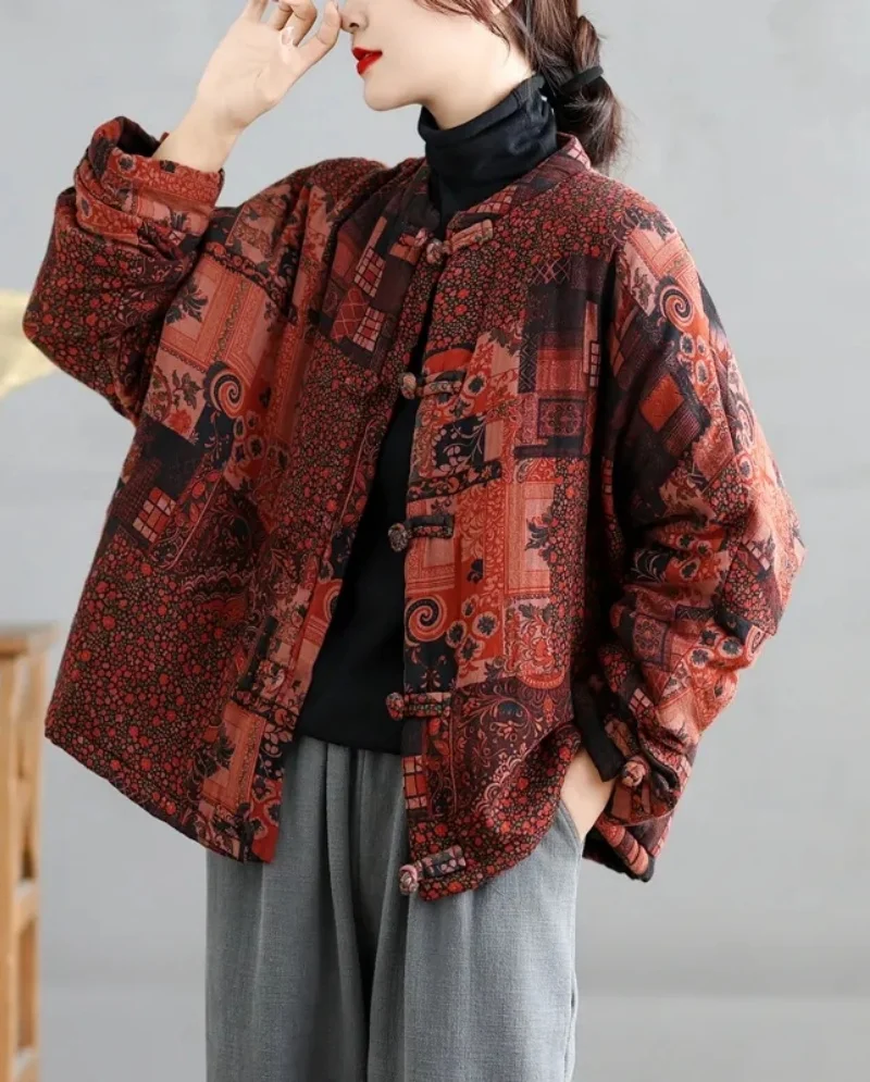 

Новая хлопковая одежда в китайском стиле для женщин, осенне-зимнее стеганое пальто большого размера с свободной пряжкой, теплый топ w1449