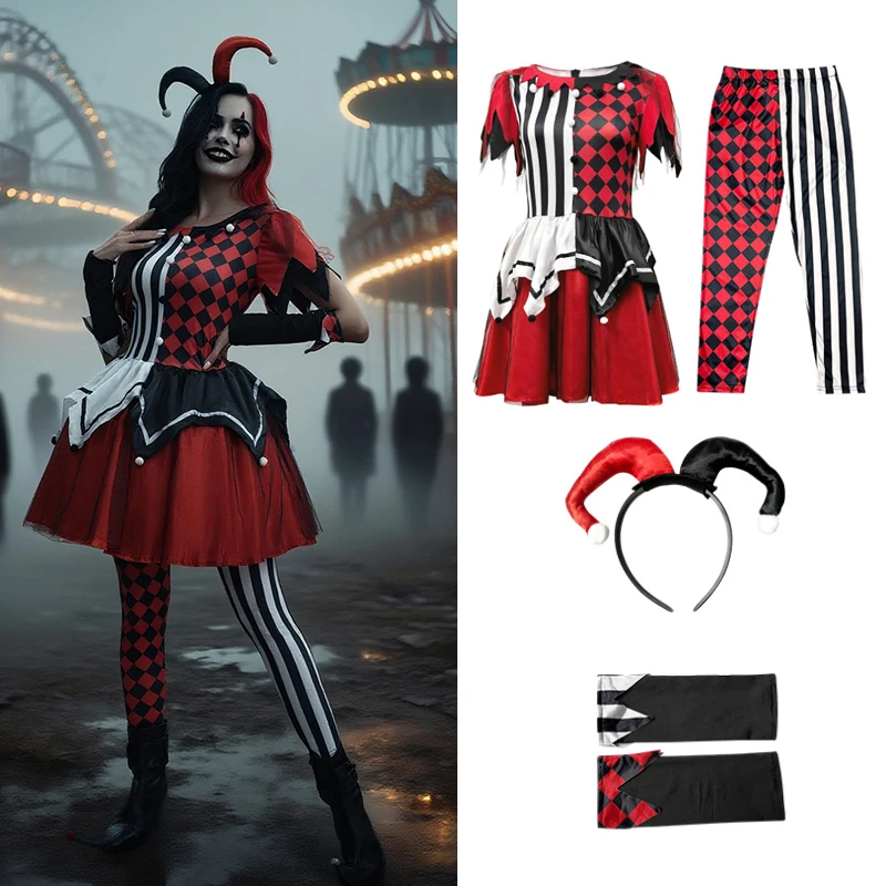 

New Women Circus Clown Cosplay Costume Red Naughty Joker Dress with Pants Headband Halloween Carnival Horror Theme Party Outfits