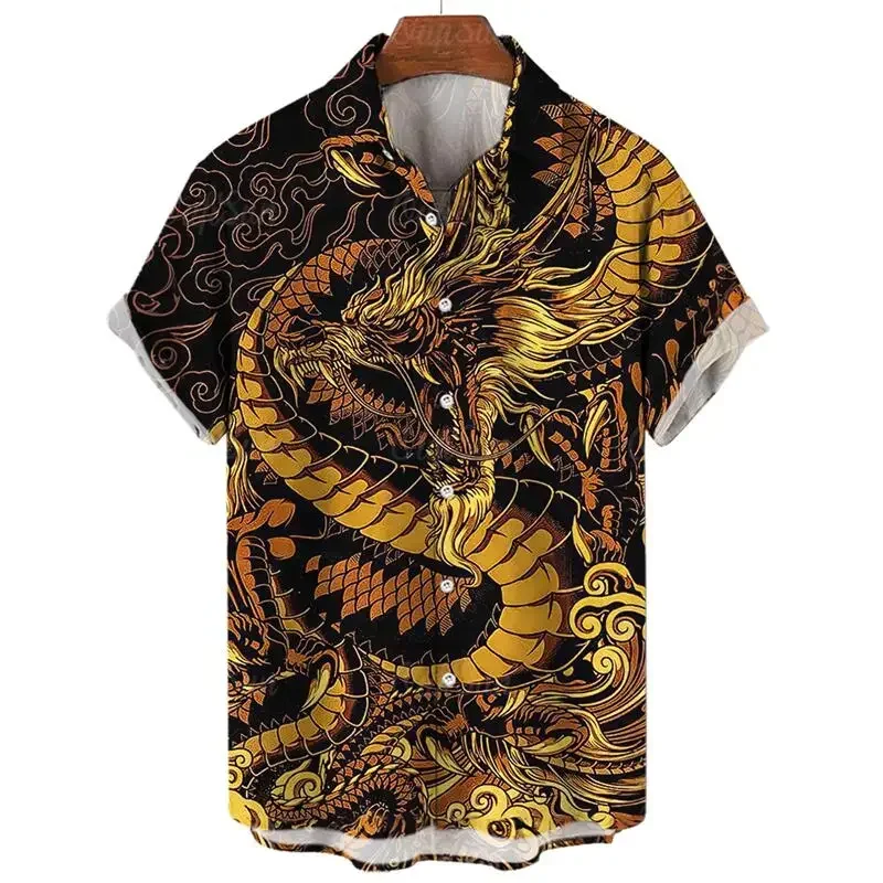Men Short Sleeve Collared Shirt 3D Print Golden Dragon Lightning Cloud Art Pattern Polyester Loose Summer Casual Button Up Top