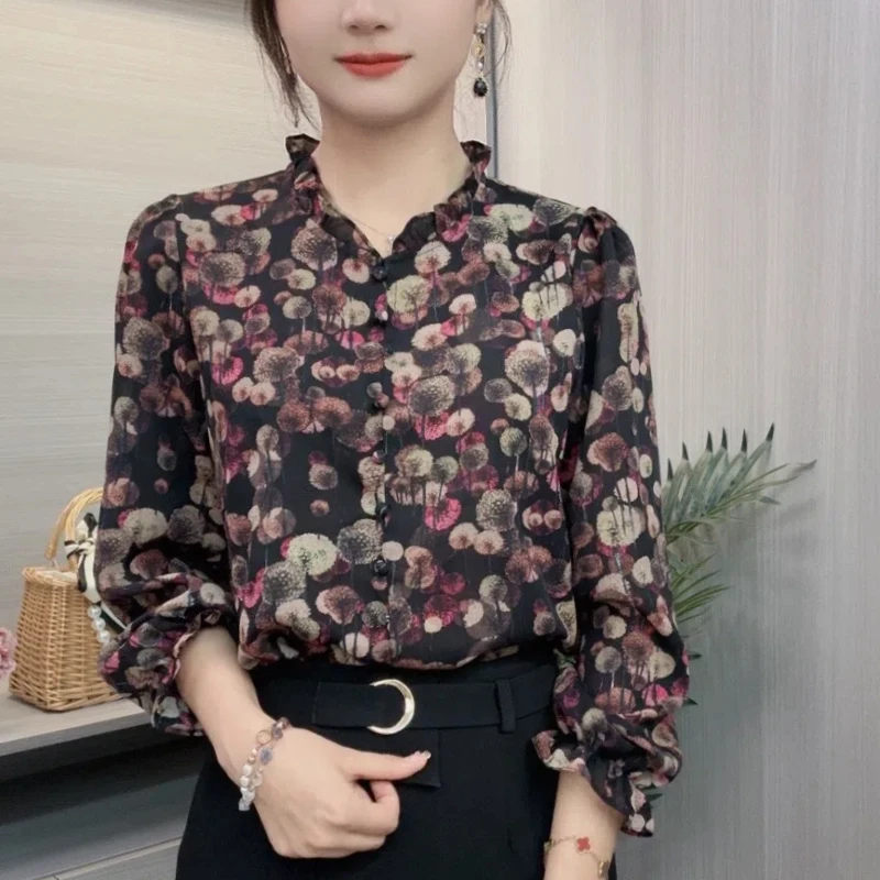 Spring Autumn Printing Edible Tree Fungus V-neck Shirts Women\'s Clothing Button Chiffon Vintage Floral Temperament Thin Blouses