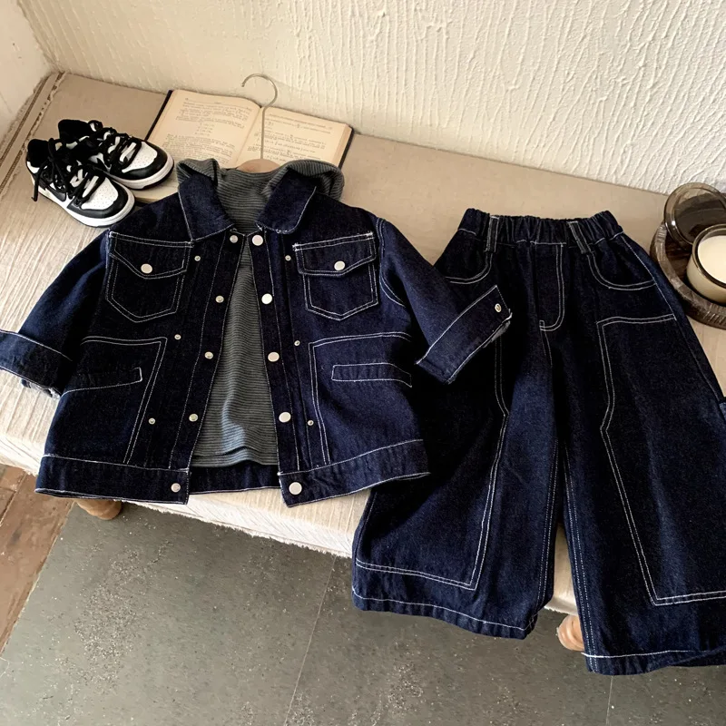 

Boys Girls Set 2025 Autumn Spring Korean Fashion Kids Clothes Fashion Hansdome Denim Jacket Coat Loose Pant Two Piece Set