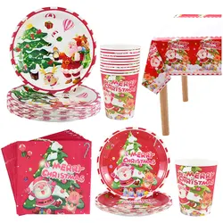 Christmas Disposable Tableware Paper Plates Napkins Cups Santa Claus Xmas Tree Decor Christmas Party Decoration For Home Navidad