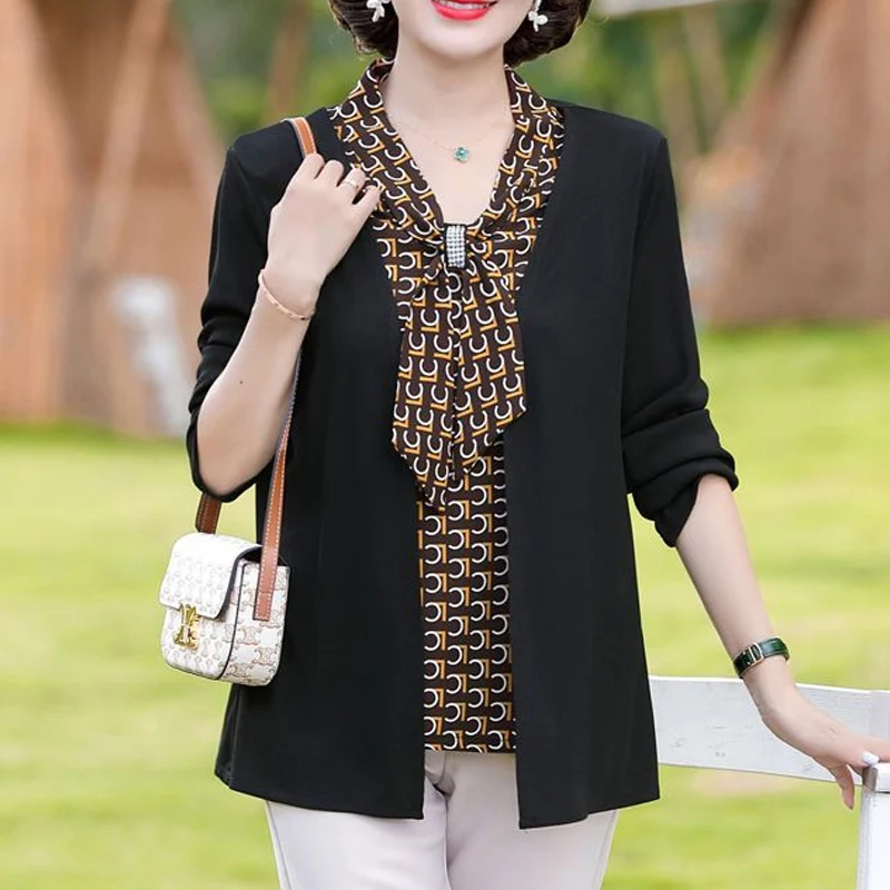 Spring Autumn New Scarf Collar Fashion Long Sleeve Blouse Women Printing Patchwork Pullovers High Street Fake Two Pieces Tops