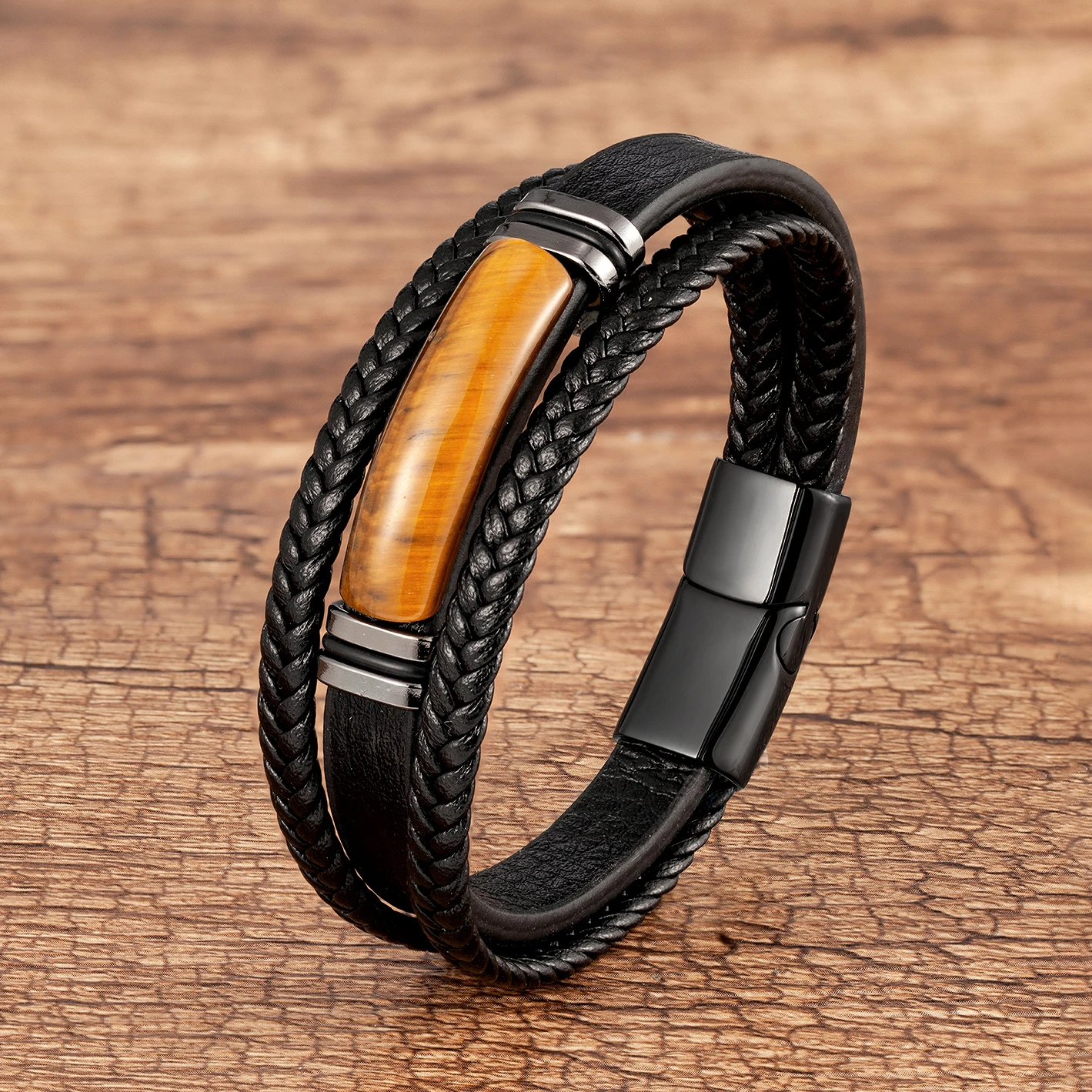 Natürliches Tigerauge Stein Charm Armband Mehrschichtiges geflochtenes Lederseil Herrenarmband Armreifen Edelstahl Schmuckzubehör – Detail 8