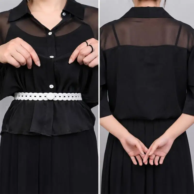 4-teiliges Set Exquisiter Spitzenbesatz Taillengürtel Elastischer Kleidungsverkürzer mit Knöpfen für T-Shirts, Kleider, Oberteile – Detail 2