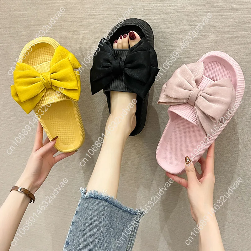 2023 New bow tie Slippers Women Summer Thick Indoor Home Sandals Couples Bathroom Slides Non-slip Soft House Slippers femme