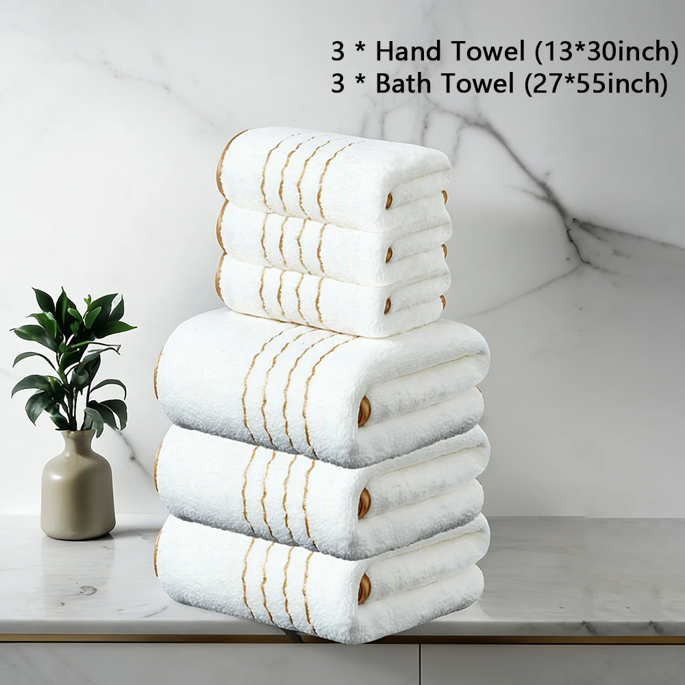2/3/6/8 Pcs Bath Towel Set White & Gray with Gold Accents, Soft Absorbent Premium Towels for Home, Hotel & Bathroom image 3