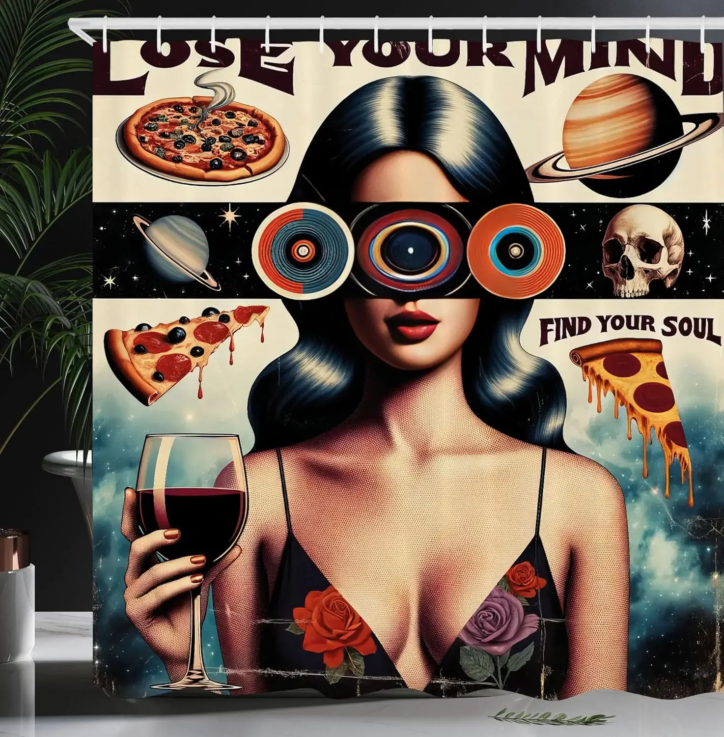 Vintage Shower Curtain, Retro Groovy Lose Your Mind Lettering Woman Galaxy Skull Pizza, Cloth Fabric Bathroom