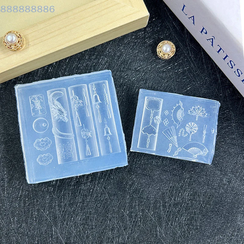 Transparent Nail Art Mold 3D Chinese-Style Silicone Nail Mold Exquisite Dragon Copper Coins Bells Buttons Chinese Knots Fan Mold