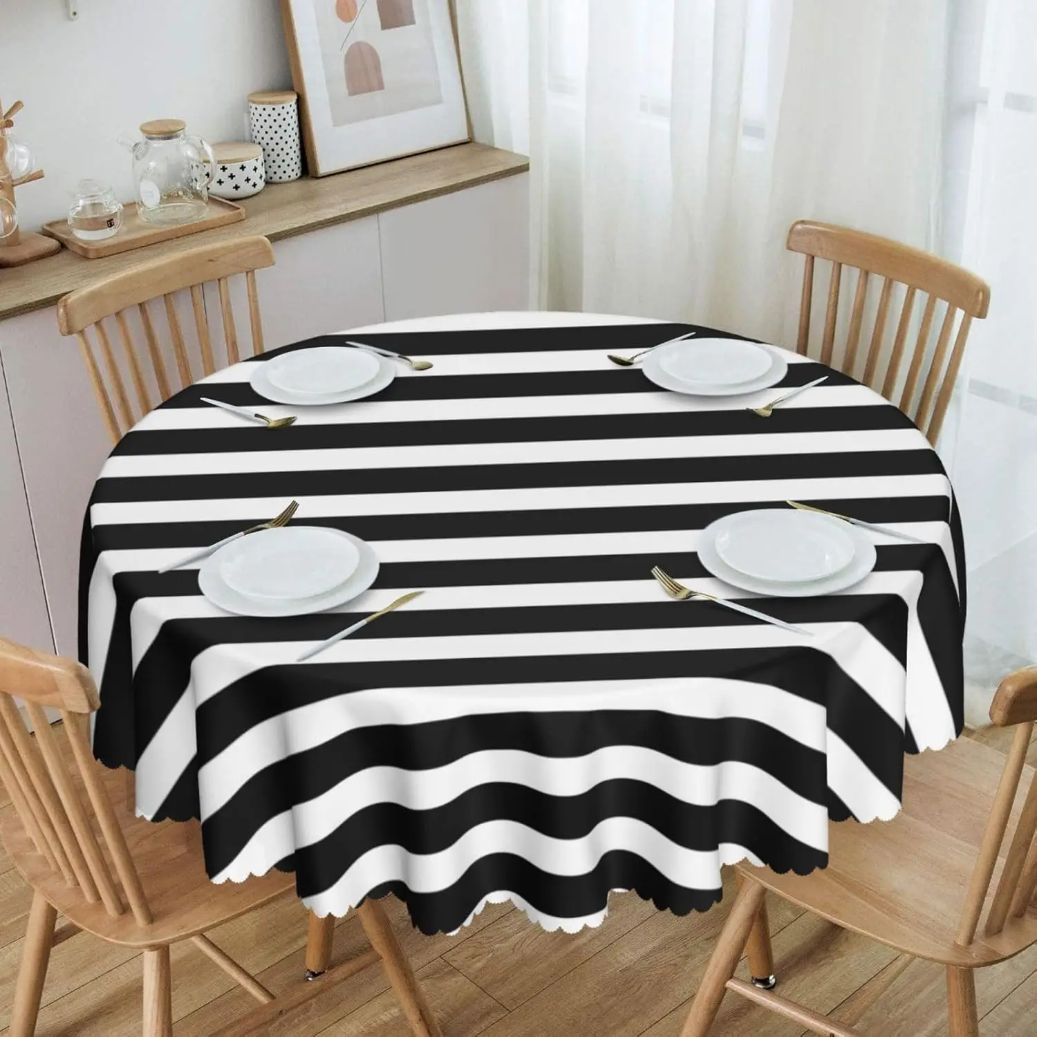 

Simple Classic Striped Geometric Circle Tablecloth - Black and White Washable Party Dining Cover