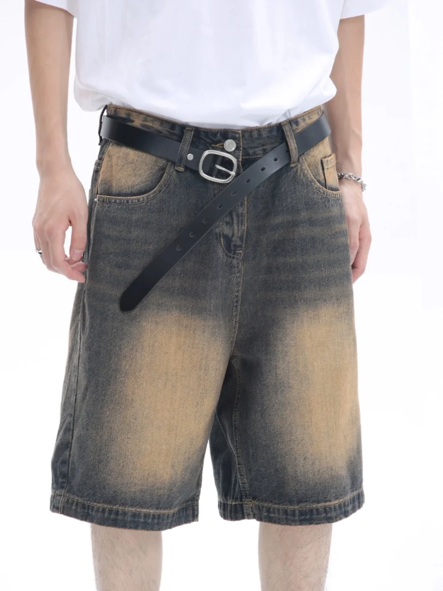 

Мужские винтажные джинсовые шорты High Street с высокой талией, прямые, широкие, средней длины, летние, утягивающие, средней длины