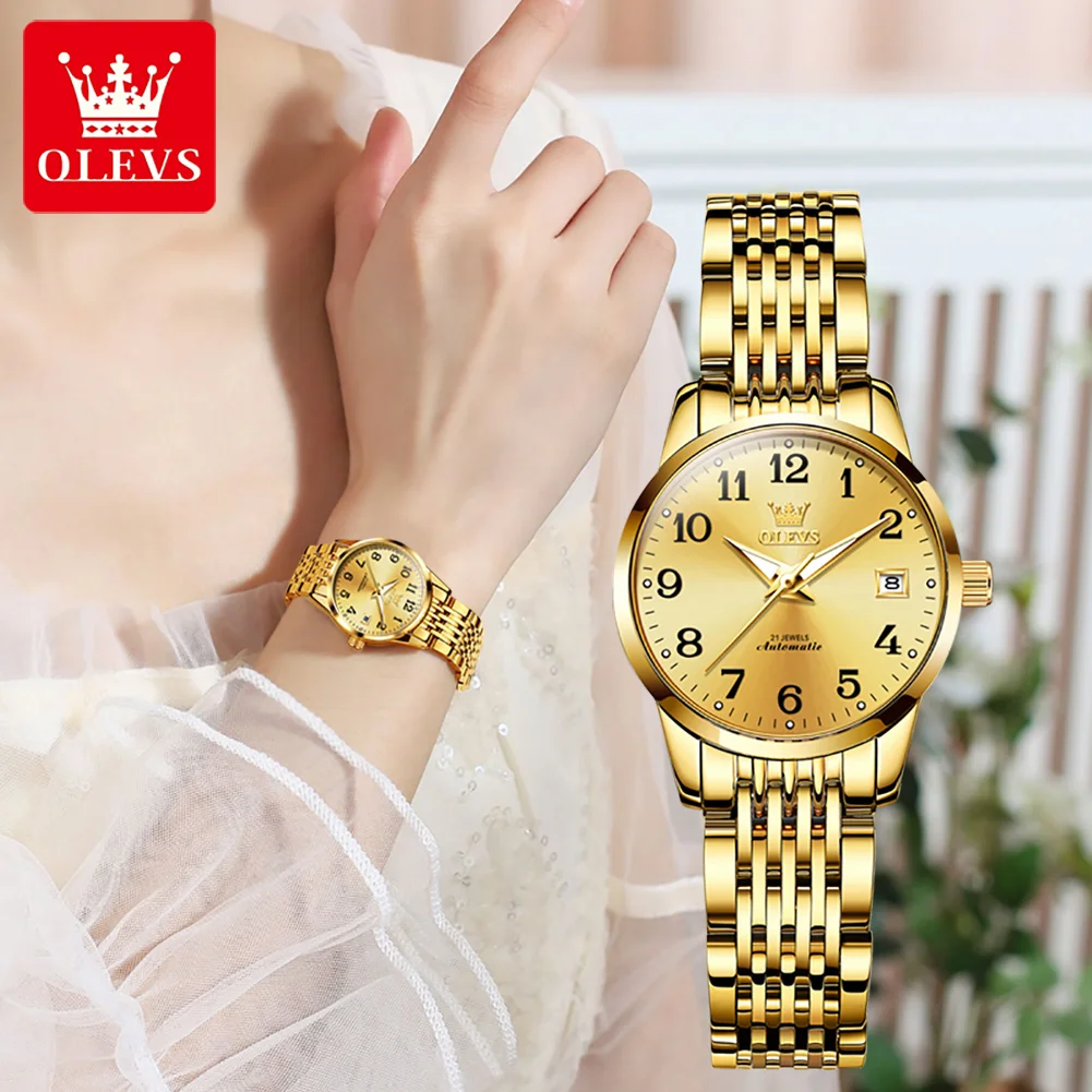 OLEVS Top Brand Mechanical Watch Women Swiss Luxury Women Wristwatch Waterproof Steel Strap Automatic Mechanical Watches Gift