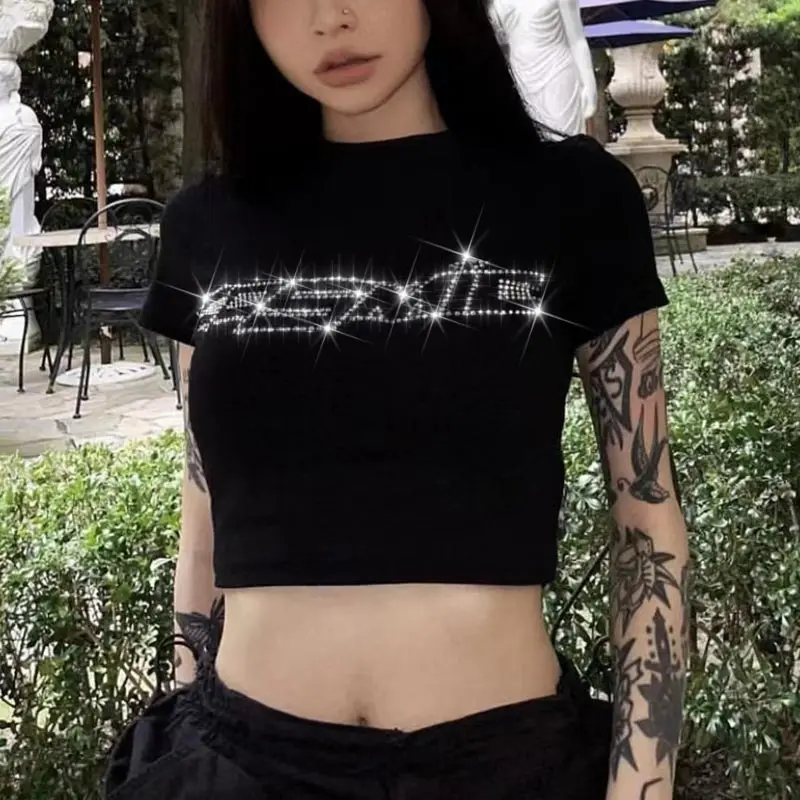 Estetyczny Rhinestone Y2k Sexy Punk Vintage Goth T Shirt letnie ubrania dla kobiet z okrągłym dekoltem odzież typu Streetwear z krótkim rękawem