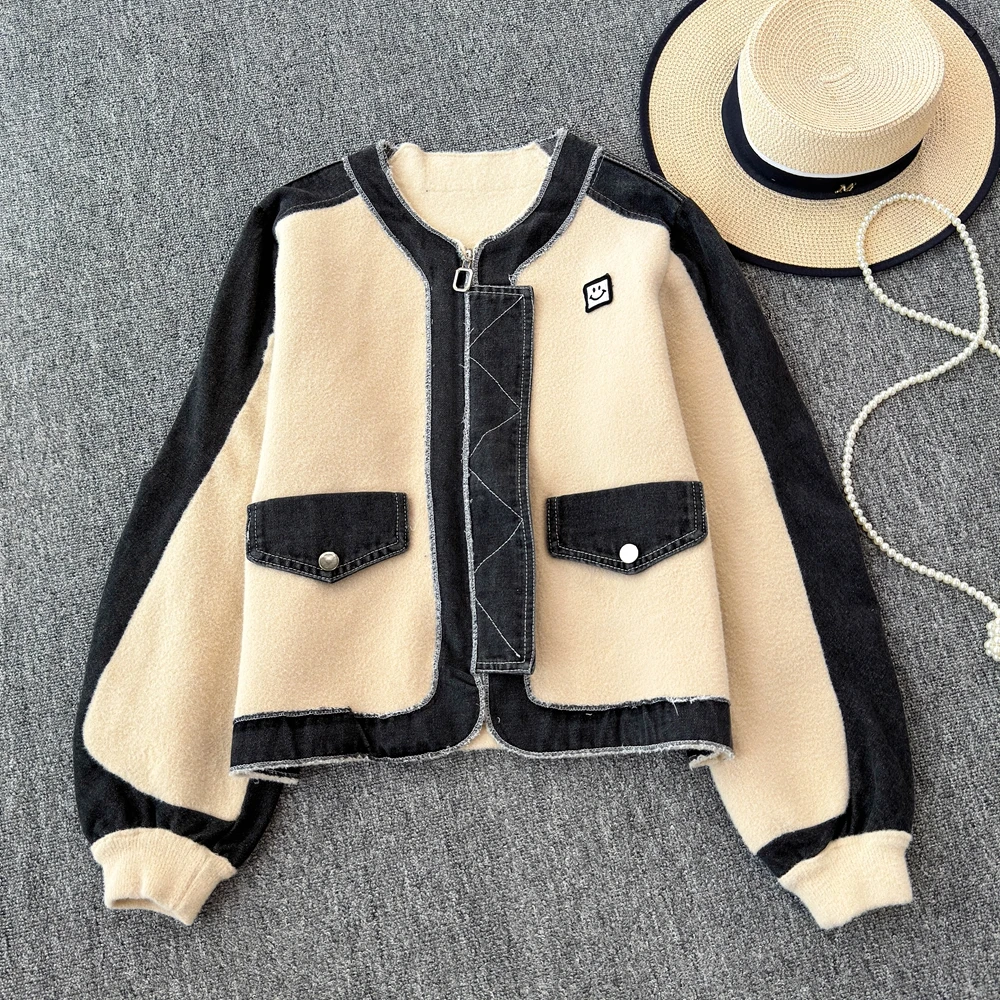 

2024 Autumn Winter Cowboy Patchwork Knitted Jacket For Women Streetwear Personalized Coat Warm Plush Thick Jacket