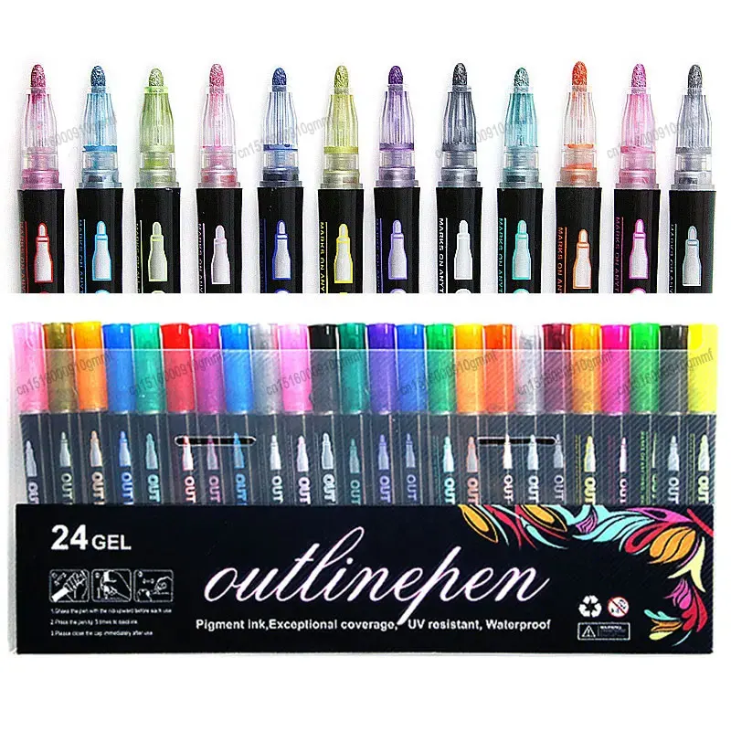 12/24 Color Set Double Line Outline Pen Art Marker Metallic Glitter Highlighter For Diary Poster Card Graffiti Painting Drawing