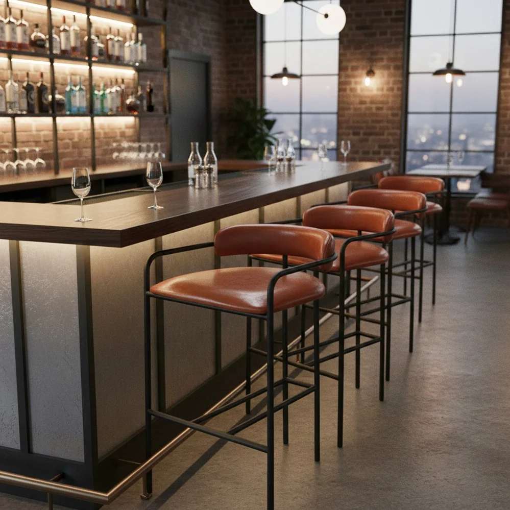 Contemporary Industrial Metal Frame Synthetic Leather Upholstered Bar Stool For Commercial Restaurant Use Bistro High Chairs