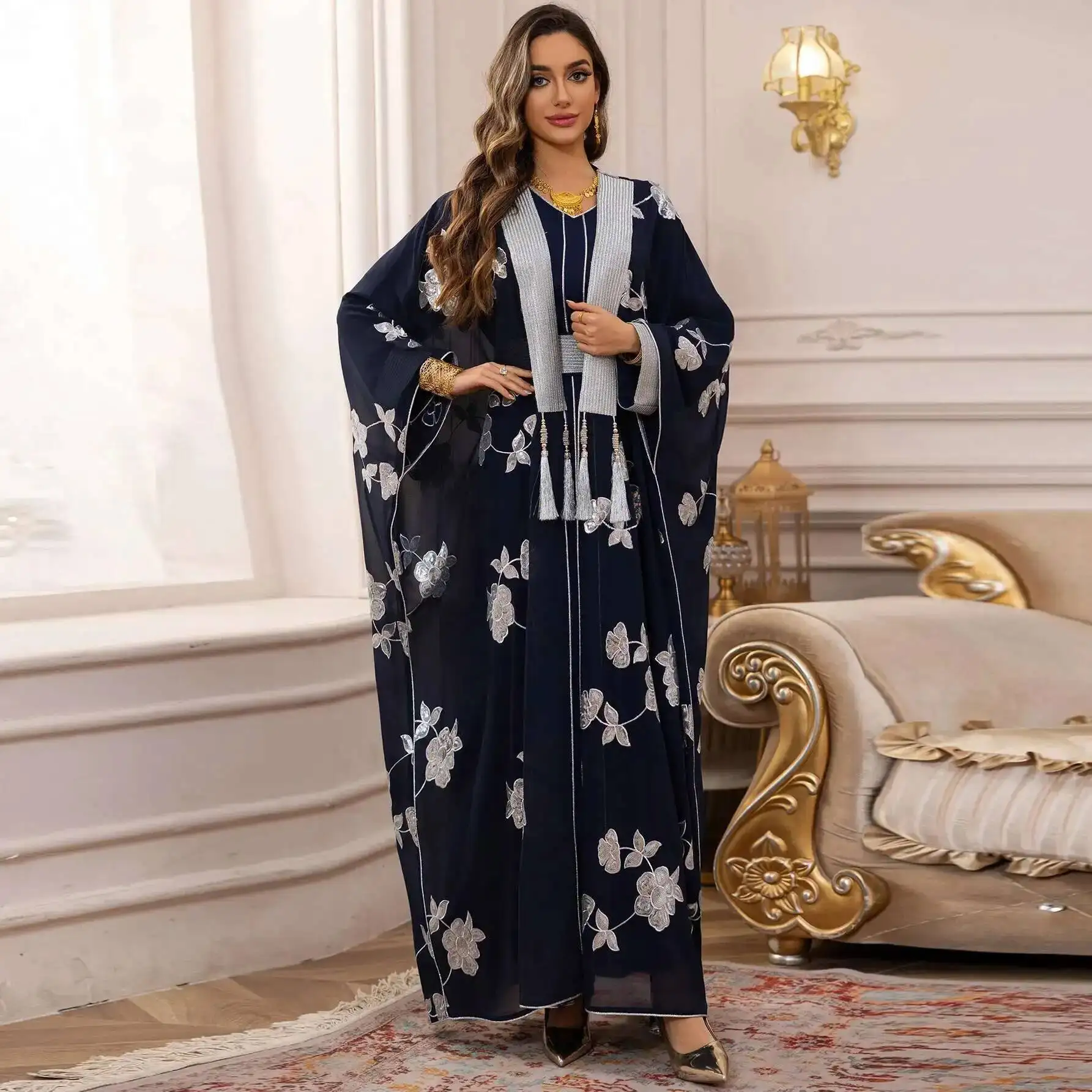 

Embroidered Ab462 Large Robe Dress Jalabiya Set 2026 Muslim Long Dress Robe Abaya Ramadan Dubai Luxury Islam Elegant