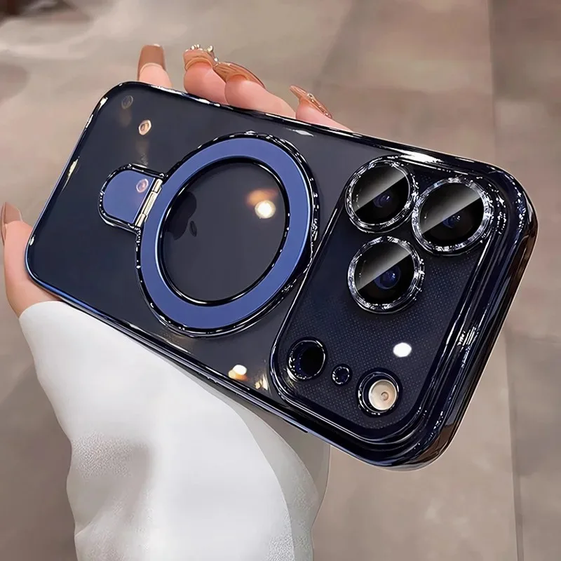 مسند مغناطيسي شفاف مطلي لهاتف Magsafe لهاتف IPhone 17 Pro Max Air 16 15 Plus 14 واقي عدسة مضاد للسقوط