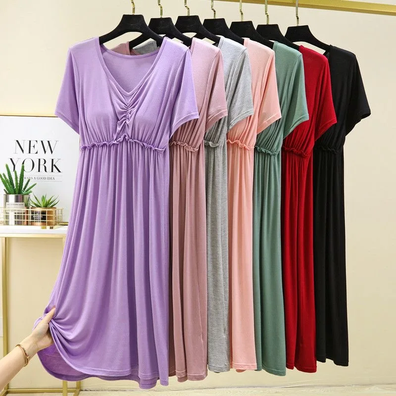 

Short Sleeve Sleepwear Modal Nightgown With Chest Pad Sleep Shirts Women Summer Pajamas Loose Household Clothes V-neck Dress