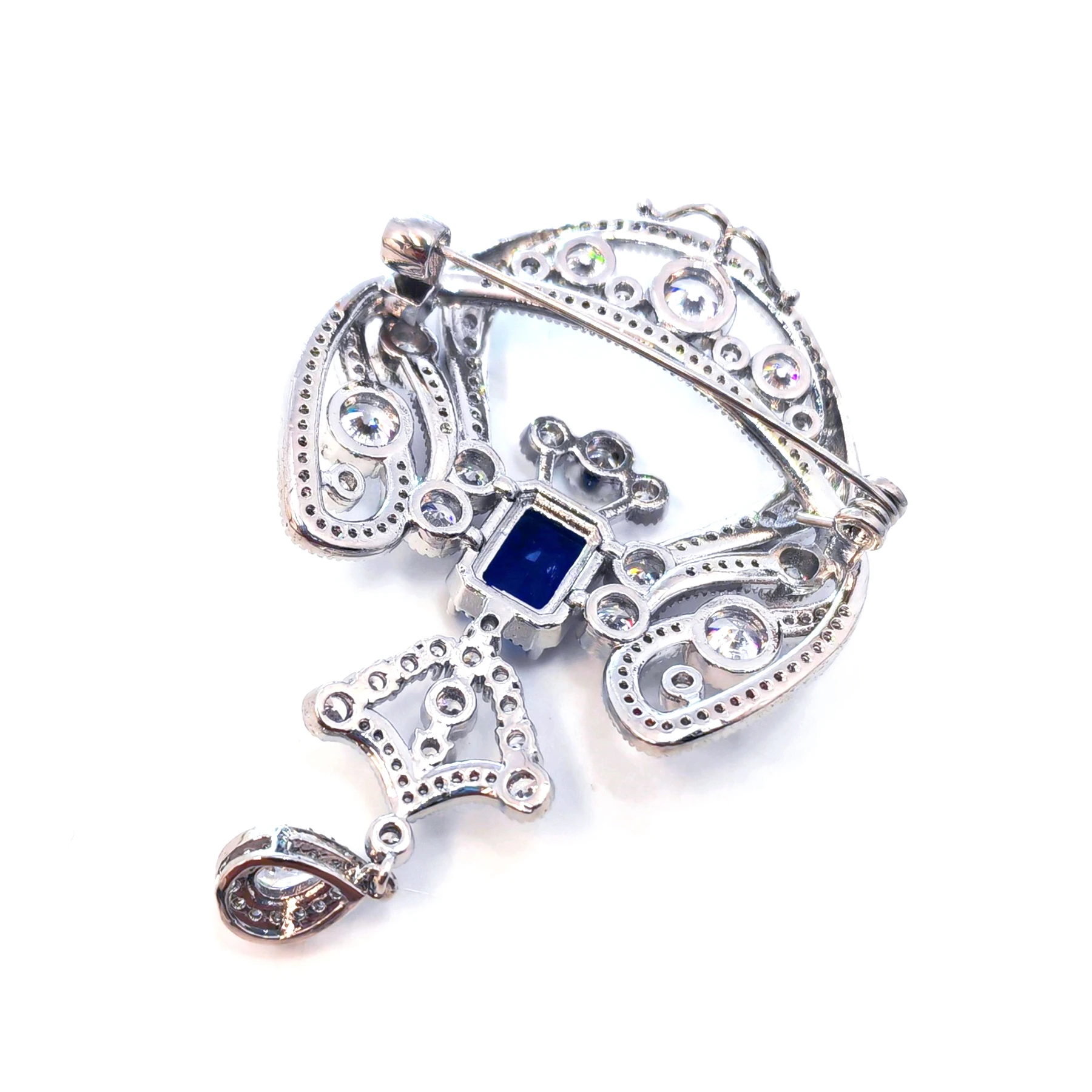 Vintage Pendant Brooch – Royal Blue Square Stone with Sparkling Pendant, Elegant and Bold Design