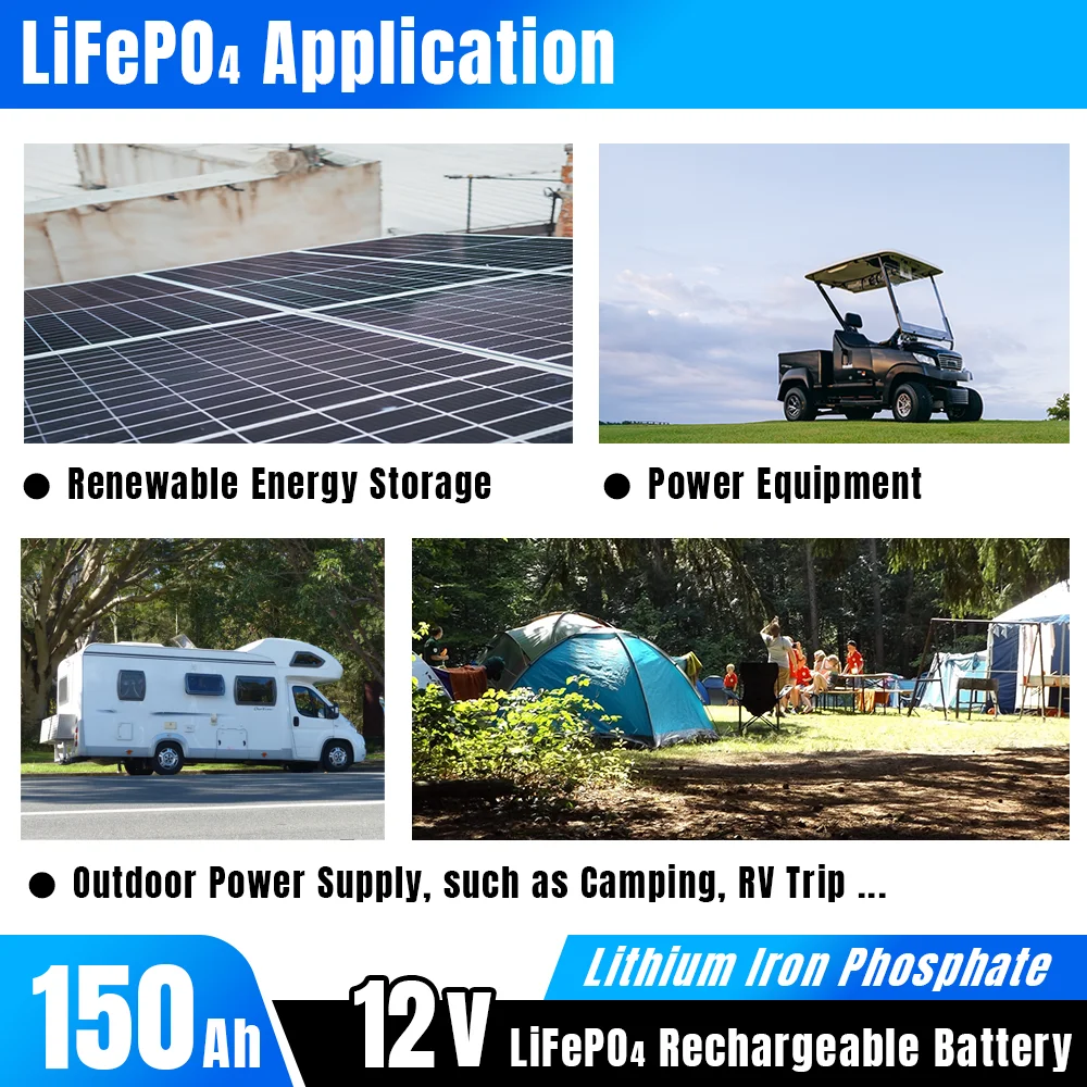 12V 150Ah Lifepo4 Rechargeable Battery Pack Built-in BMS USB Optional Bluetooth For Campers Solar Energy RV +Charger