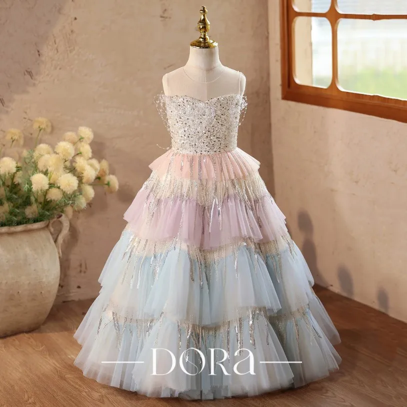 Kinder Regenbogen-Pailletten Mehrlagiges Tüll-Langes Kleid Mädchen Festkleid Geburtstagsparty Blumenmädchenkleid A5091 Vestido de Festa Infantil – Detail 5