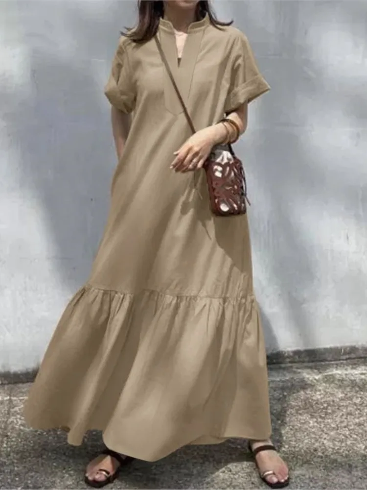 

Summer Fashion New Women's Elegant Casual Dress Fresh And Simple Solid Color Short-sleeved V-neck Loose Commuting Long Skirts