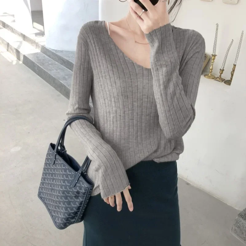 

Fashion Autumn Women's Pullover Long-sleeved V-neck Basic Solid Color Warm Slim Knit Sweater Tops Sweater Women Long Sleeve Top