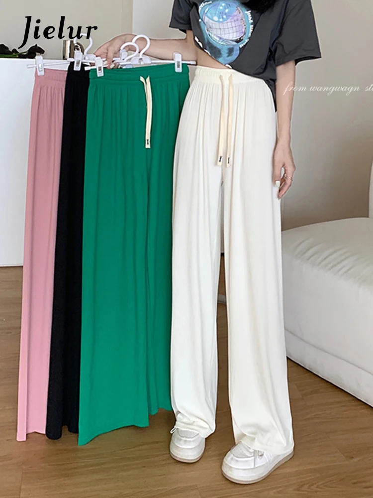 Jielur Summer Korean Style Basic Women Trousers Elastic Waist Wide Leg Pants Casual Cool Apricot Green Pants Female M-4XL