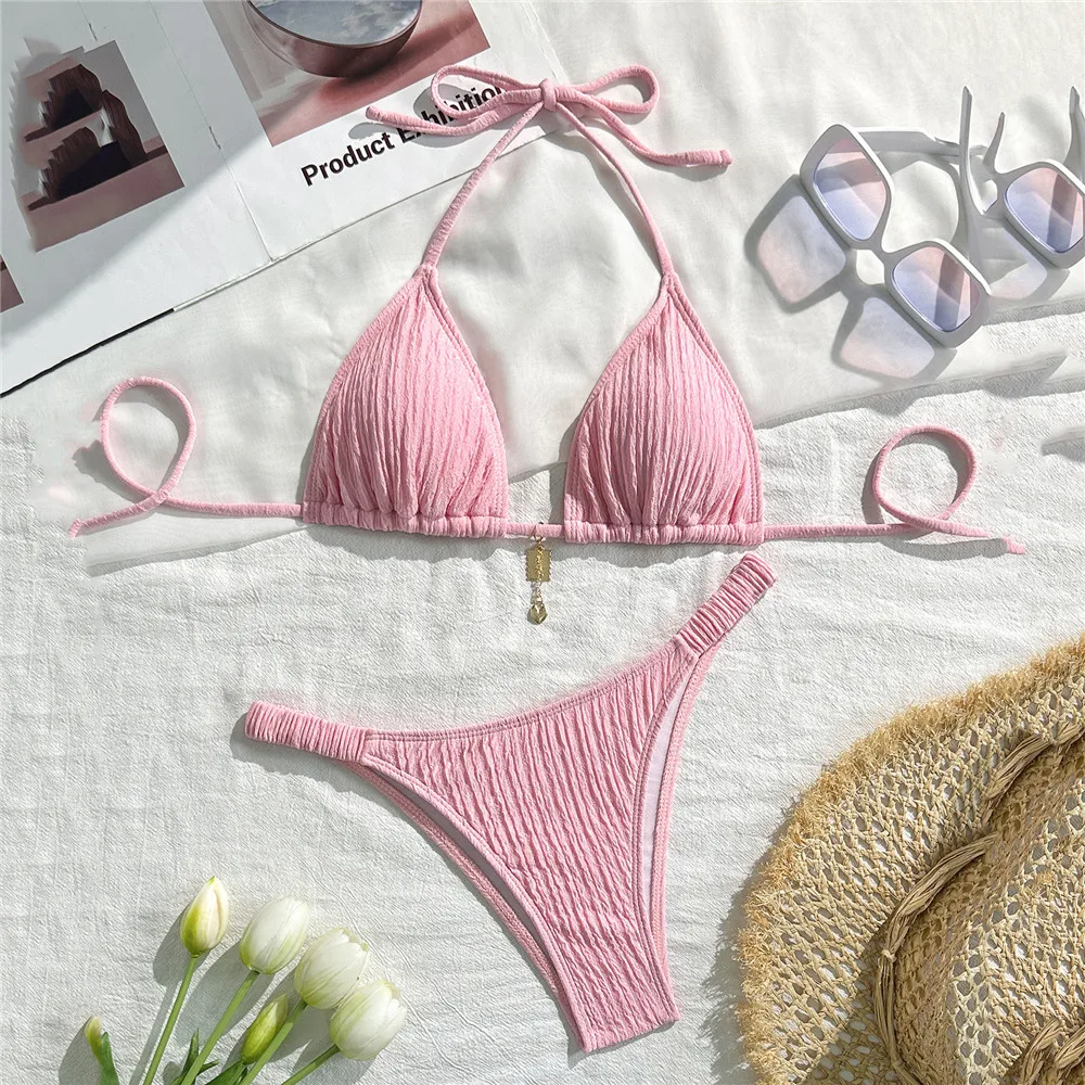 Trajes de baño de color rosa liso, conjunto de microbikini con cordón triangular y cuello Halter, traje de baño para Mujer 2026, Bikinis brasileños para Mujer