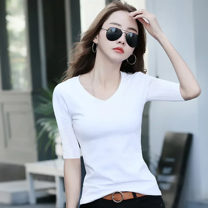 MRMT 2026 Brand New Women's Black Mid-Sleeve T-Shirt Women's Fifth-Sleeve Bottoming Shirt with Half-Sleeve Tight V-Neck Tops