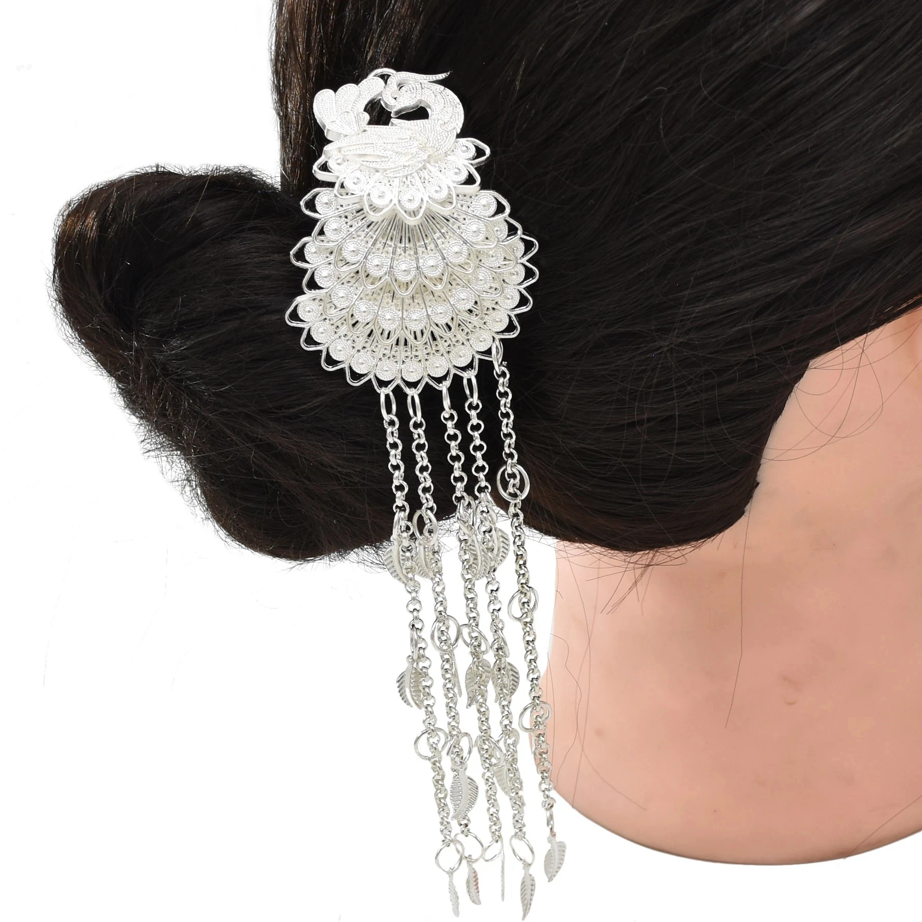 Gold Color Long Chain Leaf Tassel Hairpin for Women Peacock Chinese Traditiona Metal Stick Vintage Ethnic Hair Fork Hair Jewelry