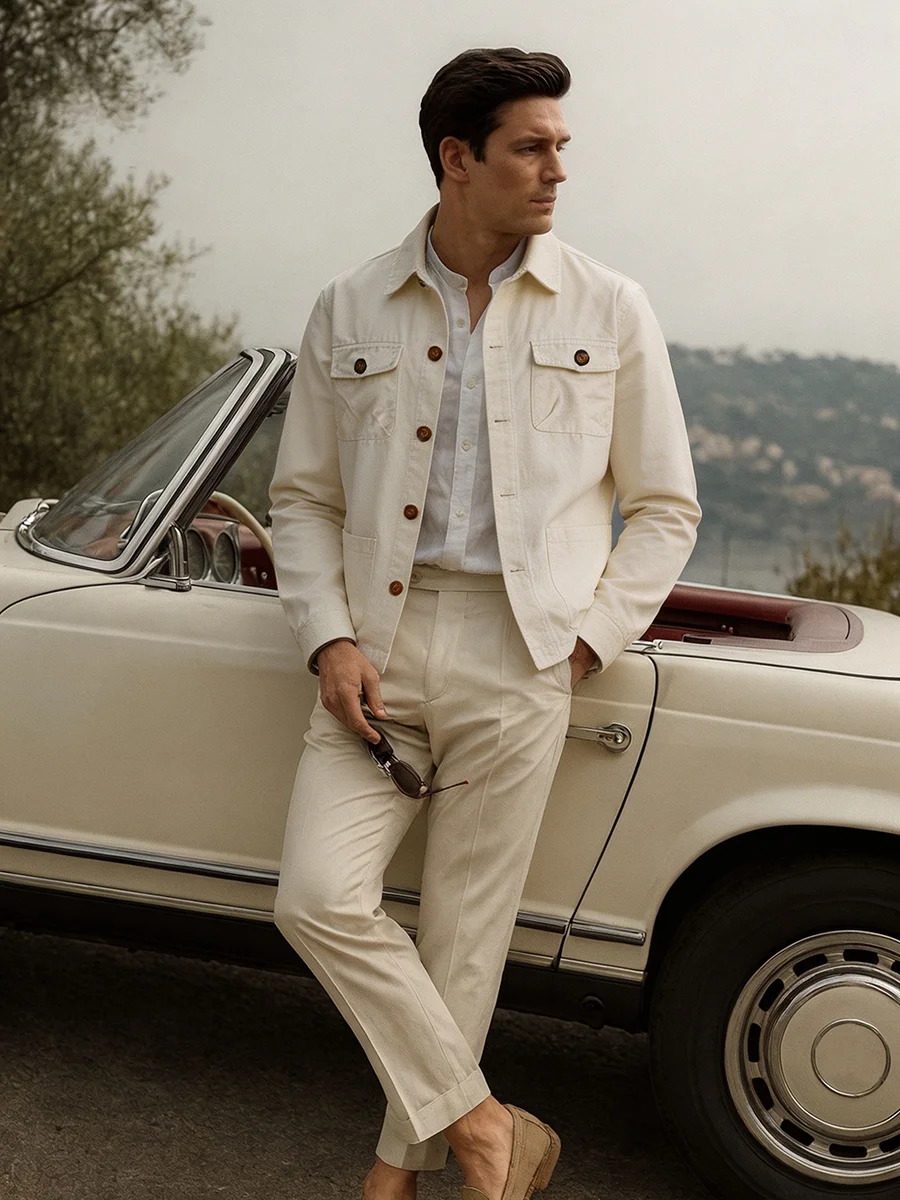 Men Vintage Italian Lapel Trucker Jacket Multi Pocket Button Front Lightweight Cotton Casual Outerwear Business Commuter Fashion
