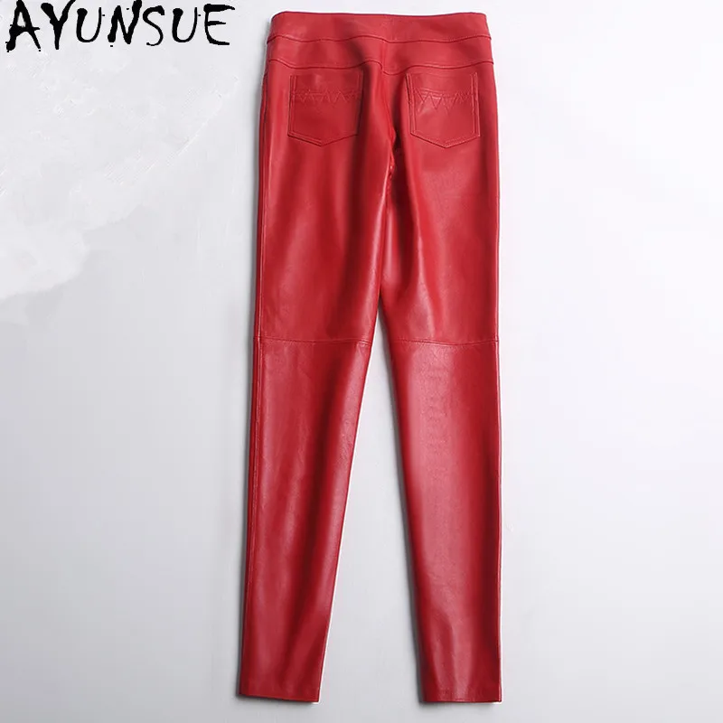 AYUNSUE Leather Pants Women's Spring Autumn Slim Sheepskin Pants Pencil Pants Ladies Mid Waist Skinny Sheepskin Leather Pants